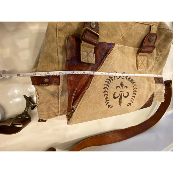 Boho Canvas & Leather Fleur De Lis Messenger Vintage Chic Look Crossbody Bag - Picture 11 of 11